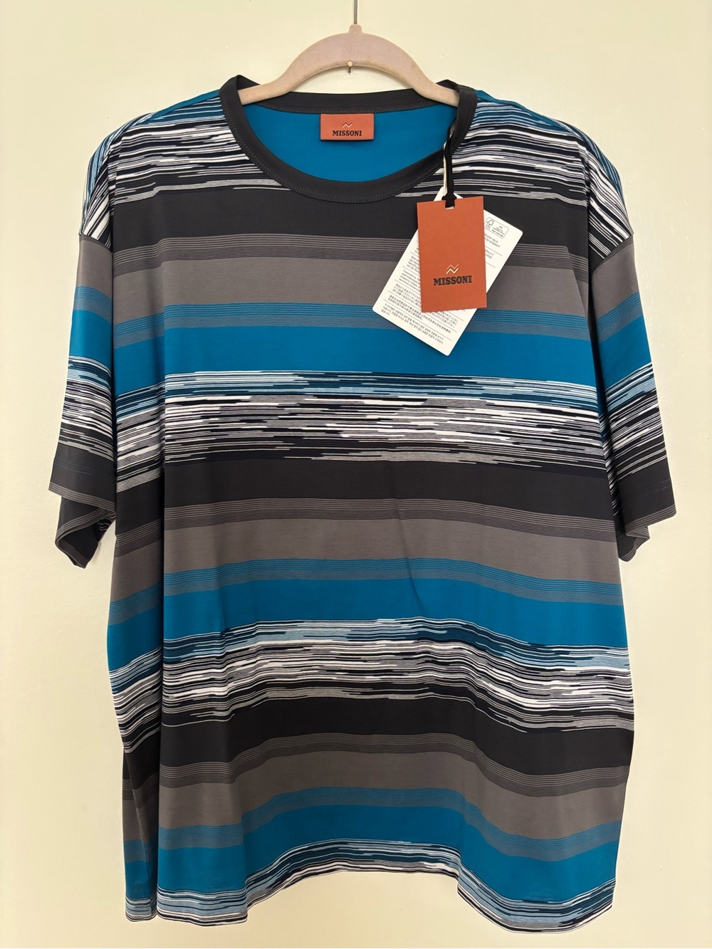 Missoni Men’s Teal, Blue & Gray Striped Short Sleeve Crewneck